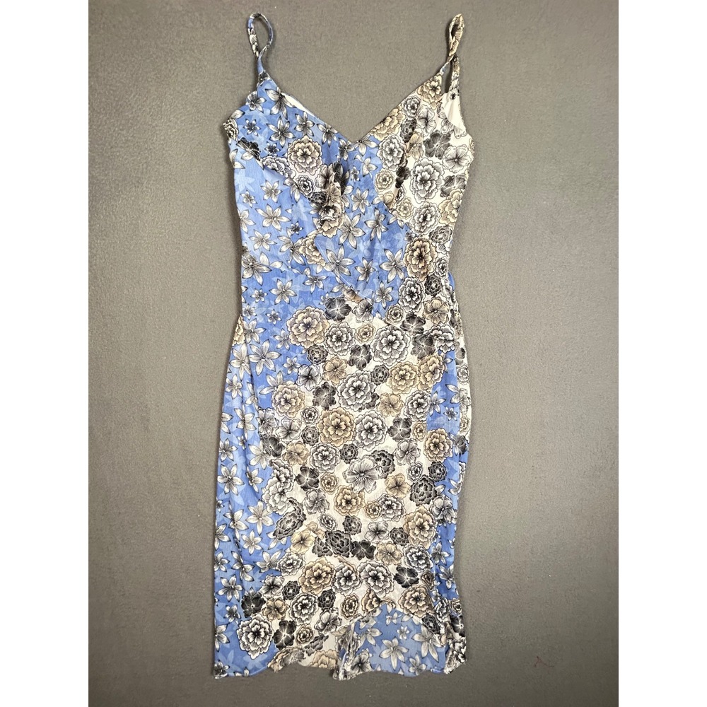 Guess Dress Womens 2 Blue Floral Ruffle Wrap Front Chiffon Midi Spaghetti Strap